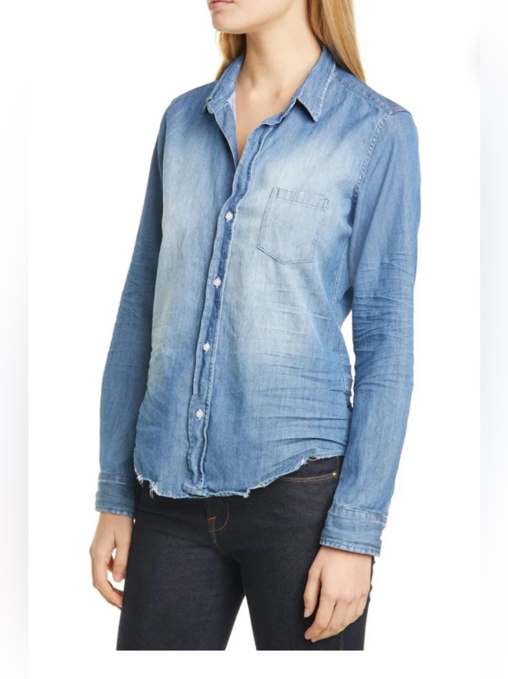 Frank & Eileen Barry Tailored Button-Up Shirt in Distressed Denim